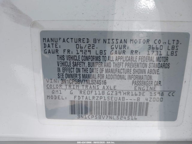 3N1CP5BV7NL524516 Nissan Kicks S Xtronic Cvt