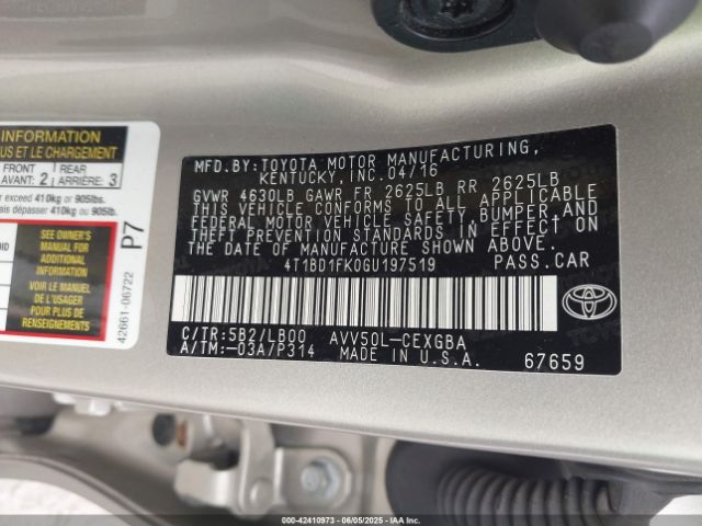 2016 TOYOTA CAMRY HYBRID 4T1BD1FK0GU197519 Photo 8