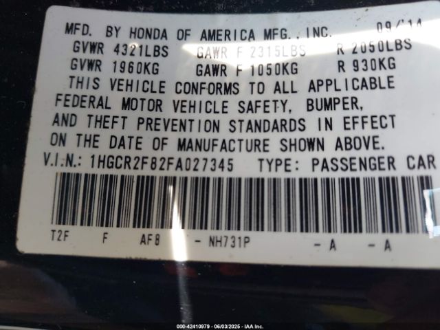 1HGCR2F82FA027345 Honda Accord Ex-l