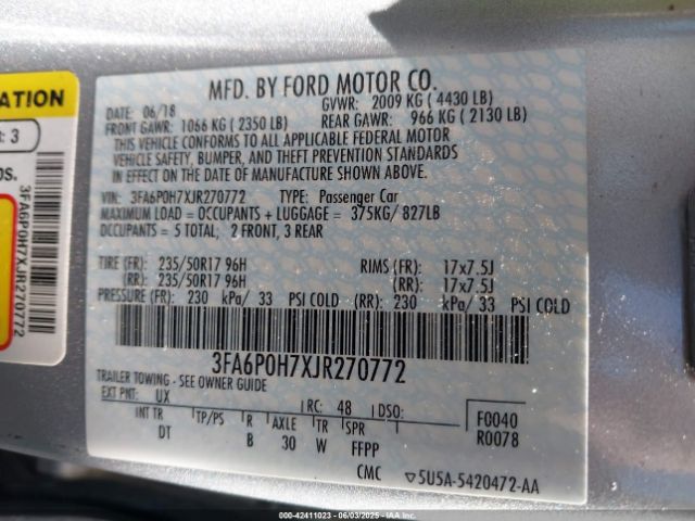 2018 FORD FUSION 3FA6P0H7XJR270772 Photo 8