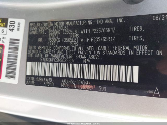 5TDKSKFC9MS035607 Toyota SIENNA LE
