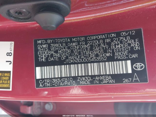 2012 TOYOTA PRIUS JTDKN3DU0C5453552 Photo 8