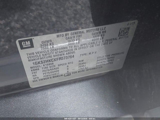 42411327 :رقم المزاد ، 1GKS2HKCXFR573764 vin ، 2015 Gmc Yukon Xl 1500 Slt مزاد بيع
