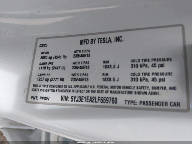 2020 TESLA MODEL 3 5YJ3E1EA2LF659760 Photo 8