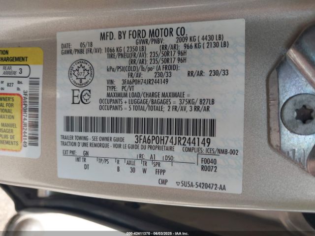 2018 FORD FUSION 3FA6P0H74JR244149 Photo 8