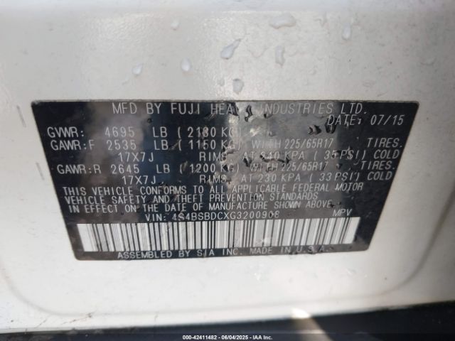 4S4BSBDCXG3200908 Subaru Outback 2.5i Premium