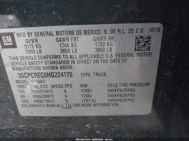 3GCPCREC8HG224170 Chevrolet l83 - sidi: spark ignited direct injection, vvt: variable valve timing, afm, e85 max, alum