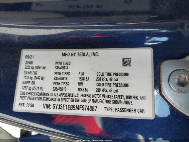 2021 TESLA MODEL 3 5YJ3E1EB9MF974887 Photo 8