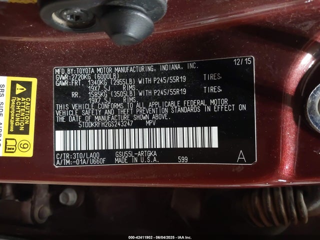 5TDDKRFH2GS243247 Toyota 2gr-fe