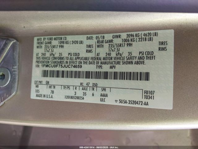 2018 FORD ESCAPE 1FMCU0F75JUC74659 Photo 8