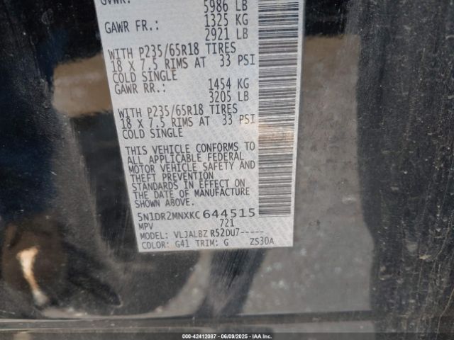 5N1DR2MNXKC644515 Nissan Pathfinder S