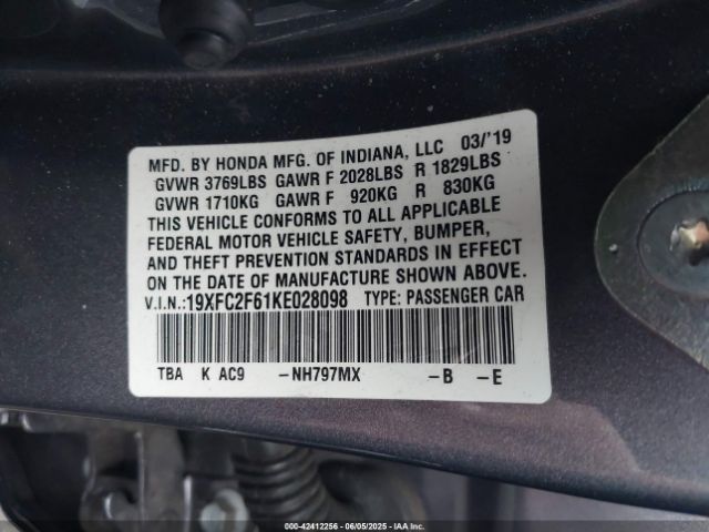 2019 HONDA CIVIC 19XFC2F61KE028098 Photo 8
