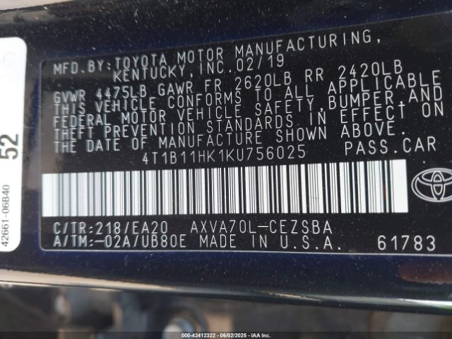 2019 TOYOTA CAMRY 4T1B11HK1KU756025 Photo 8