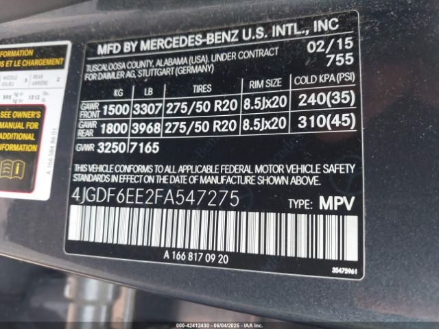 4JGDF6EE2FA547275 Mercedes-Benz Gl 450 4matic