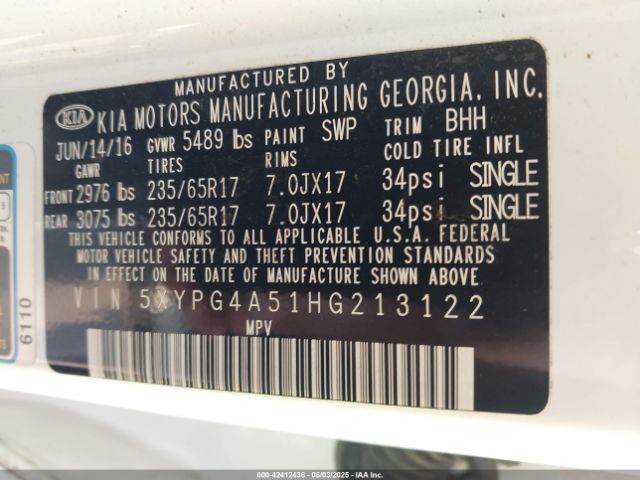 5XYPG4A51HG213122 KIA Sorento 3.3l Lx