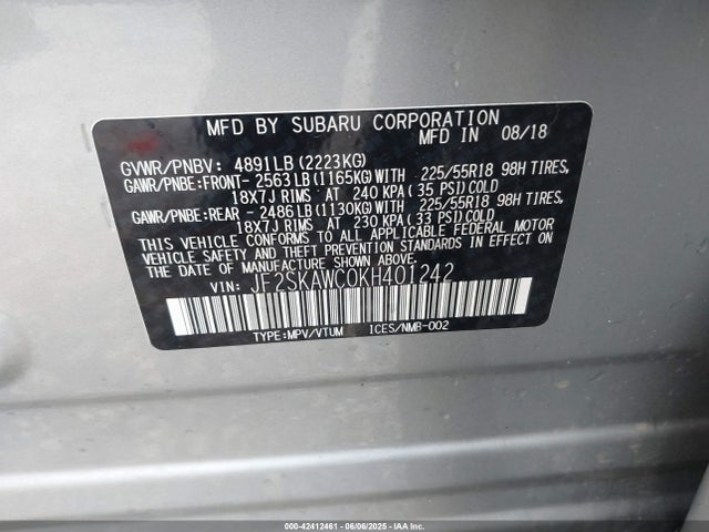 Subaru naturally aspirated u5 2019 JF2SKAWC0KH401242 Image 9