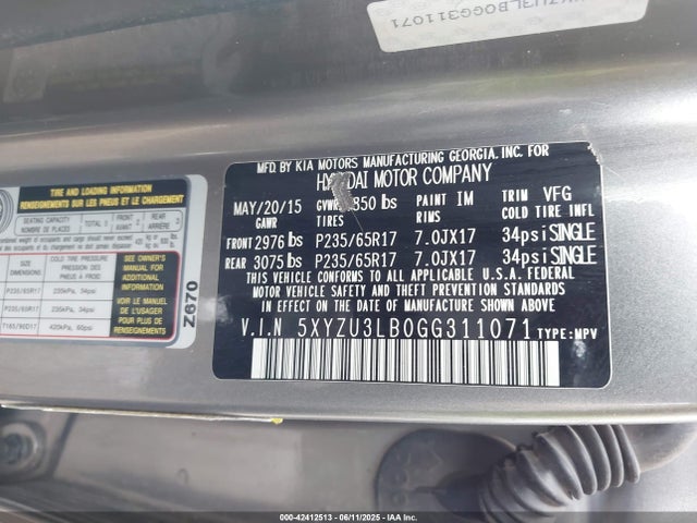 5XYZU3LB0GG311071 Hyundai gdi theta ii