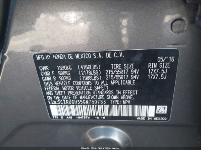 3CZRU6H35GM750783 Honda HR-V LX