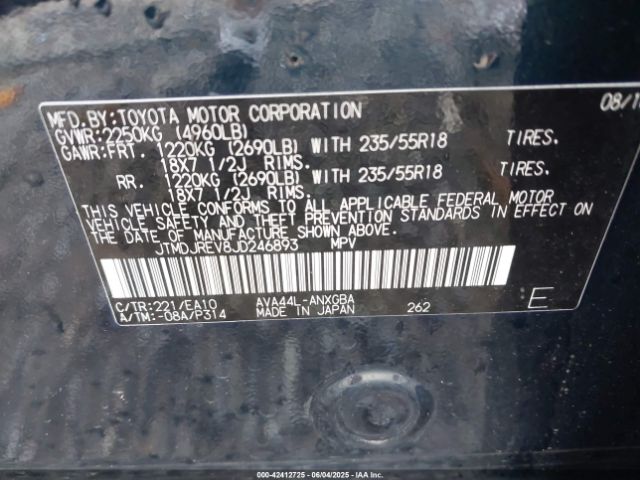 JTMDJREV8JD246893 Toyota 2ar-fxe, 2jm+2fm