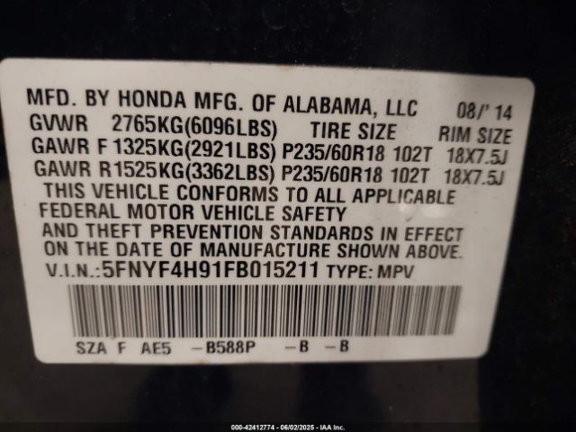 5FNYF4H91FB015211 Honda Pilot Touring