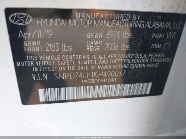 5NPD74LF1KH490037 Hyundai ELANTRA SE
