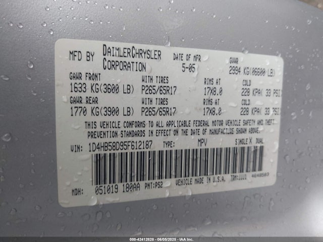 Auction sale of the 2005 Dodge Durango Limited, vin: 1D4HB58D95F612187, lot number: 42412828