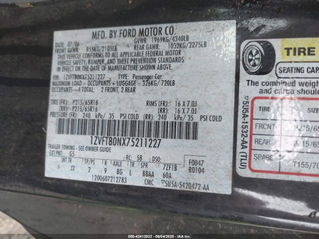 2007 FORD MUSTANG 1ZVFT80NX75211227 Photo 8
