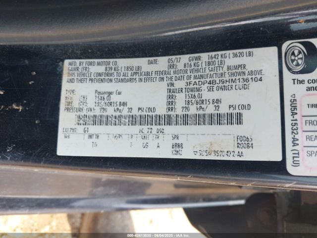 3FADP4BJ9HM136104 Ford 1.6l ti-vct premium fuel
