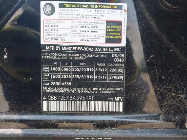 2008 MERCEDES-BENZ ML 550 4JGBB72EX8A396198 Photo 8