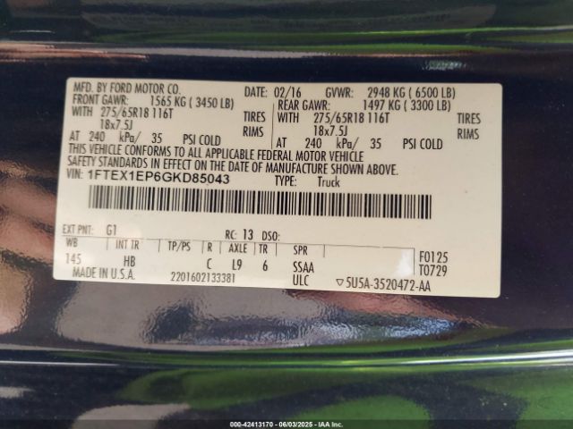 1FTEX1EP6GKD85043 Ford F-150 Lariat