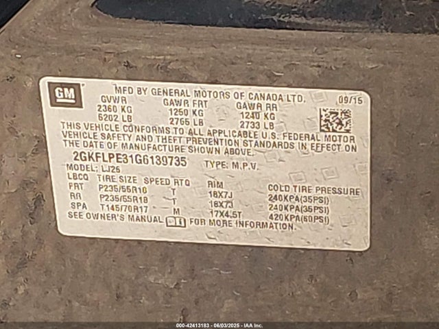 2GKFLPE31G6139735 GMC lfx - sidi, vvt, e85 max, aluminum