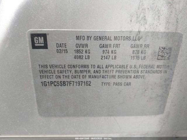 1G1PC5SB7F7197162 Chevrolet Cruze 1lt Auto