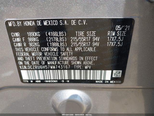 3CZRU6H57MM743167 Honda Hr-v Awd Ex