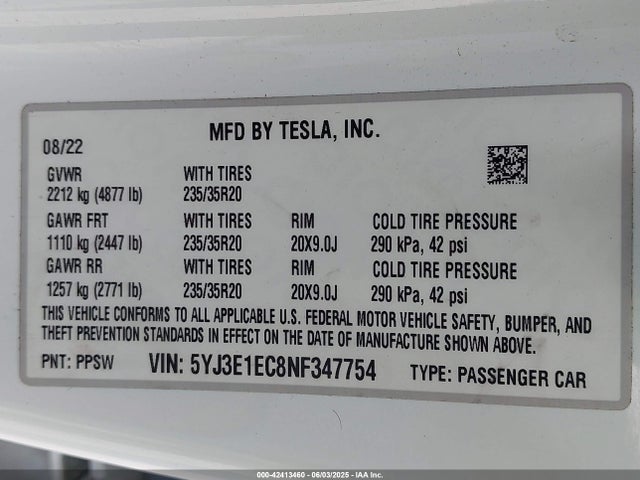 2022 TESLA MODEL 3 5YJ3E1EC8NF347754 Photo 8
