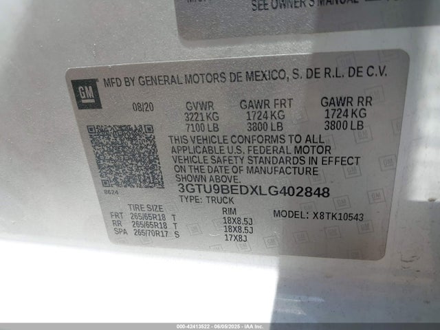 3GTU9BEDXLG402848 GMC l84 - di, dfm, alum, gen 5, var 2