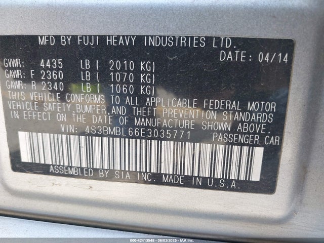 Subaru 2.5na u5 2014 4S3BMBL66E3035771 Image 9