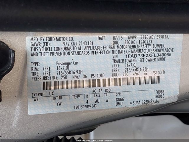 1FADP3F2XFL340065 Ford FOCUS SE