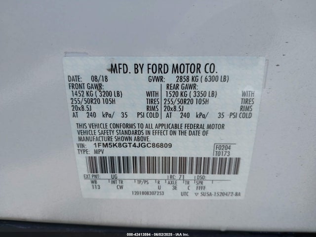 1FM5K8GT4JGC86809 Ford EXPLORER SPORT