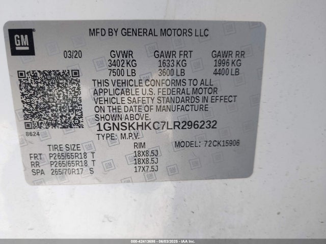 1GNSKHKC7LR296232 Chevrolet l83 - sidi: spark ignited direct injection, vvt: variable valve timing, afm, e85 max, alum
