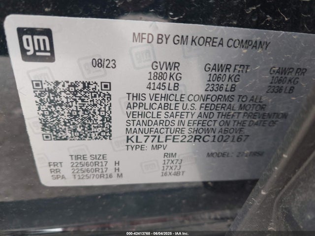 Aukcja sprzedaży 2024 Chevrolet Trax Fwd Sp, vin: KL77LFE22RC102167, numer aukcji: 42413768