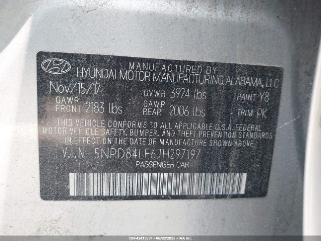 5NPD84LF6JH297197 Hyundai ELANTRA SEL