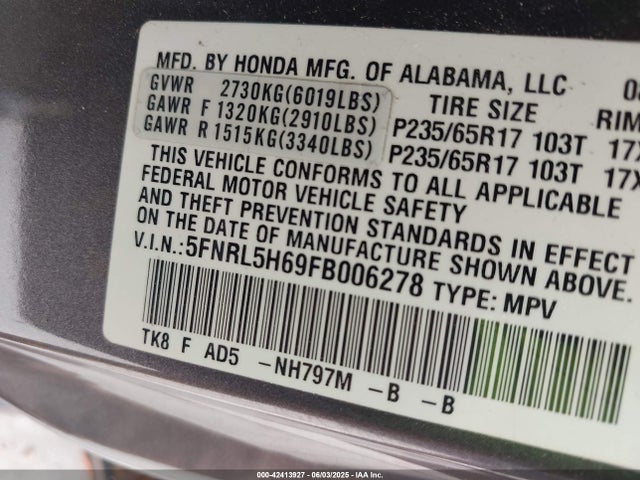 Honda j35z8 2015 5FNRL5H69FB006278 Image 9