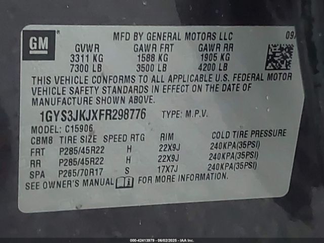 1GYS3JKJXFR298776 Cadillac Escalade Esv Premium