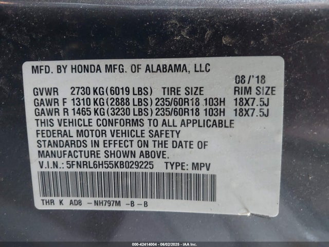 5FNRL6H55KB029225 Honda j35y7
