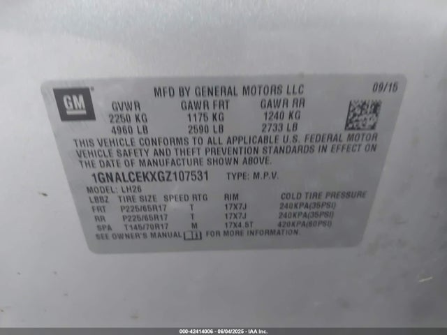 1GNALCEKXGZ107531 Chevrolet lea - e85 max, aluminum