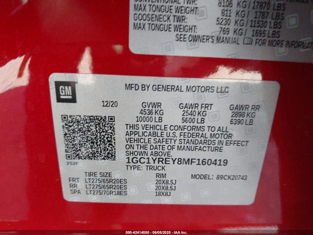 1GC1YREY8MF160419 Chevrolet l5p - di, duramax, gen 5, var. 1