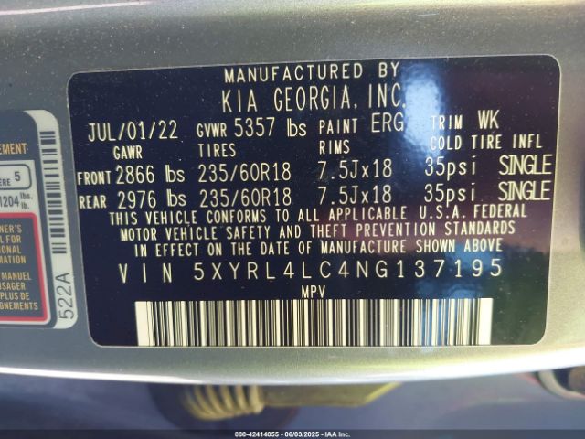 2022 KIA SORENTO 5XYRL4LC4NG137195 Photo 8