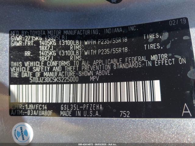 2019 TOYOTA SIENNA 5TDJZ3DC5KS225000 Photo 8