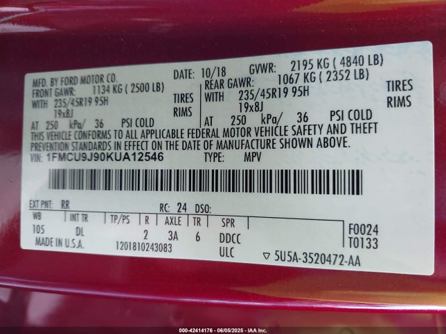 1FMCU9J90KUA12546 Ford 2019
