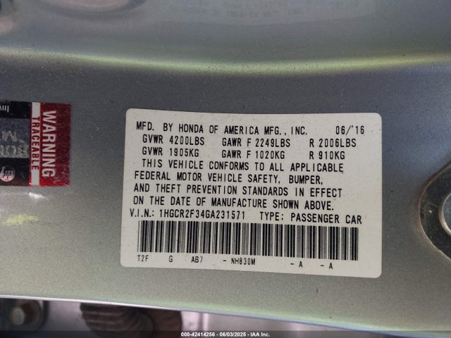 1HGCR2F34GA231571 Honda k24w1